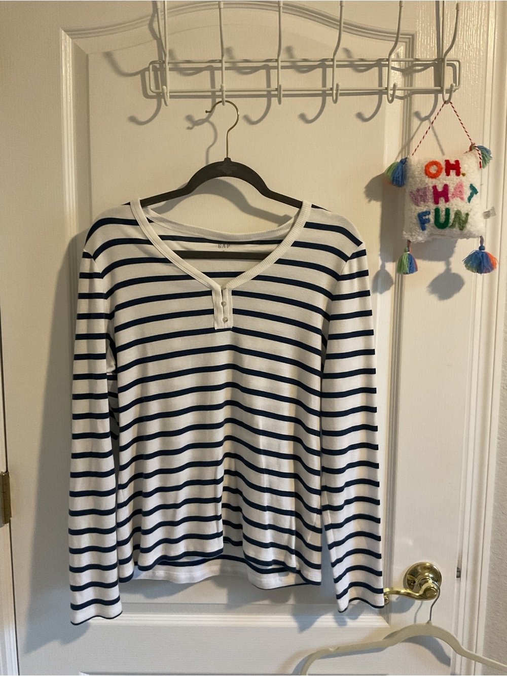 GAP White and Navy Striped Long Sleeve Henley Top